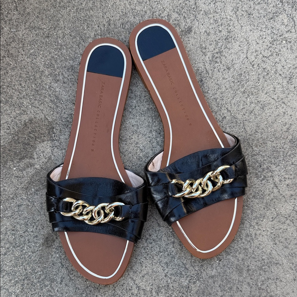 Zara Black Sandals with Gold Chain Accent